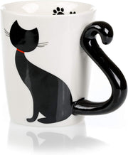 Cat Mug and Coaster Set - Little Black Cat Mug with Ceramic Coaster - 3D Novelty Coffee Mug with Tail Cat Handle - Cute Birthday Gift